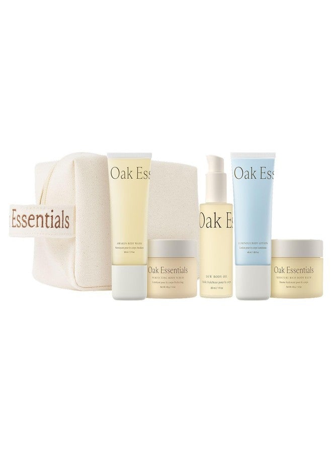 Oak Essentials Travel Body Routine | TSA-Friendly Mini Body Care Set with Wash, Scrub, Lotion, Oil, & Balm + Linen Travel Bag - Image 1
